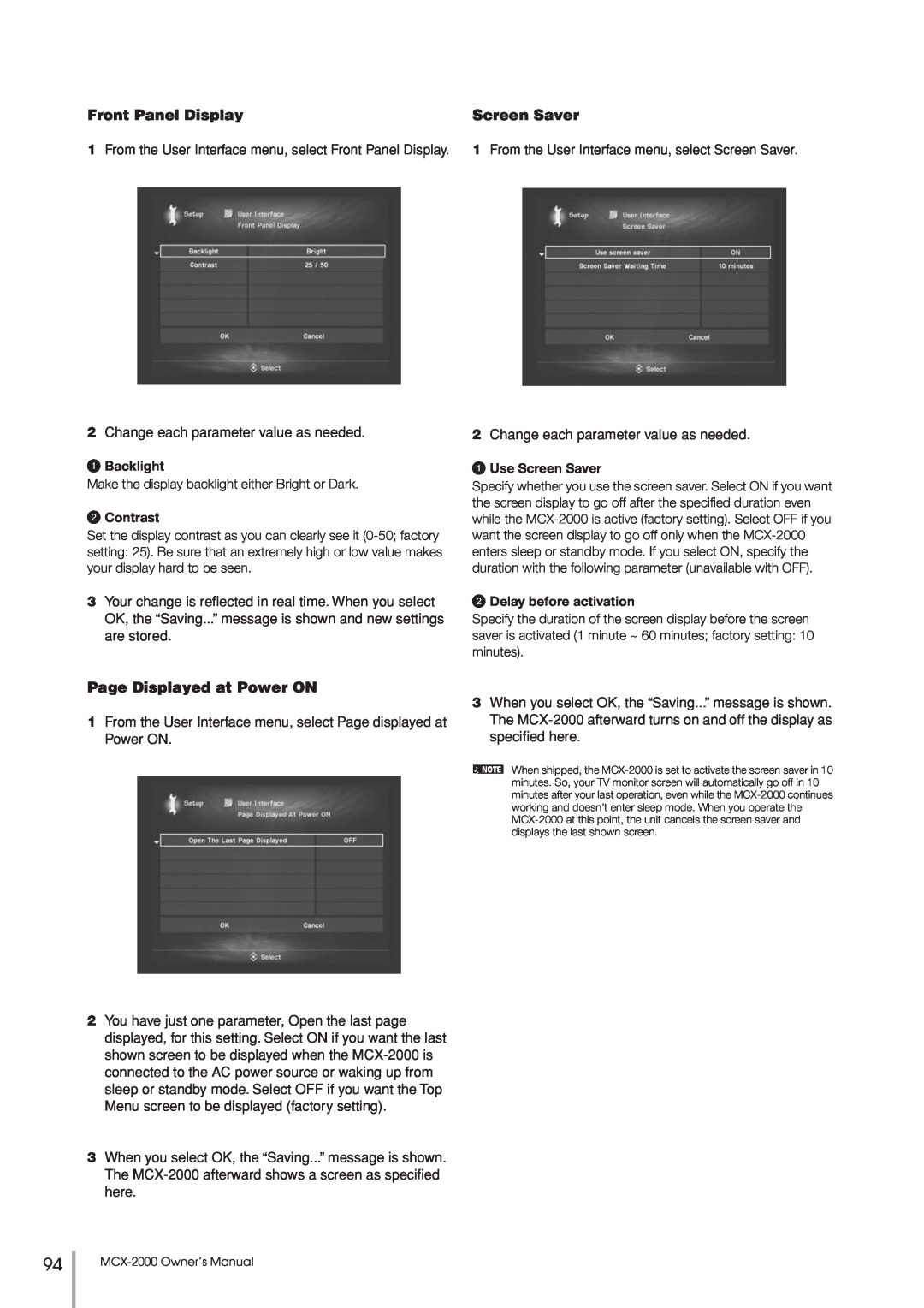 Yamaha MCX-2000 setup guide Front Panel Display, Screen Saver, Page Displayed at Power ON 