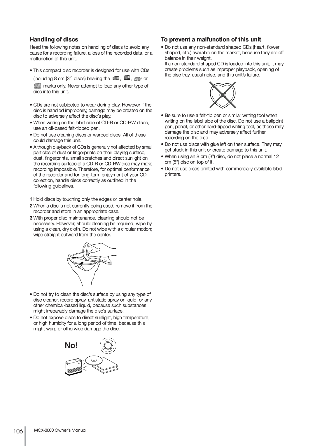 Yamaha MCX-2000 setup guide Handling of discs, To prevent a malfunction of this unit 