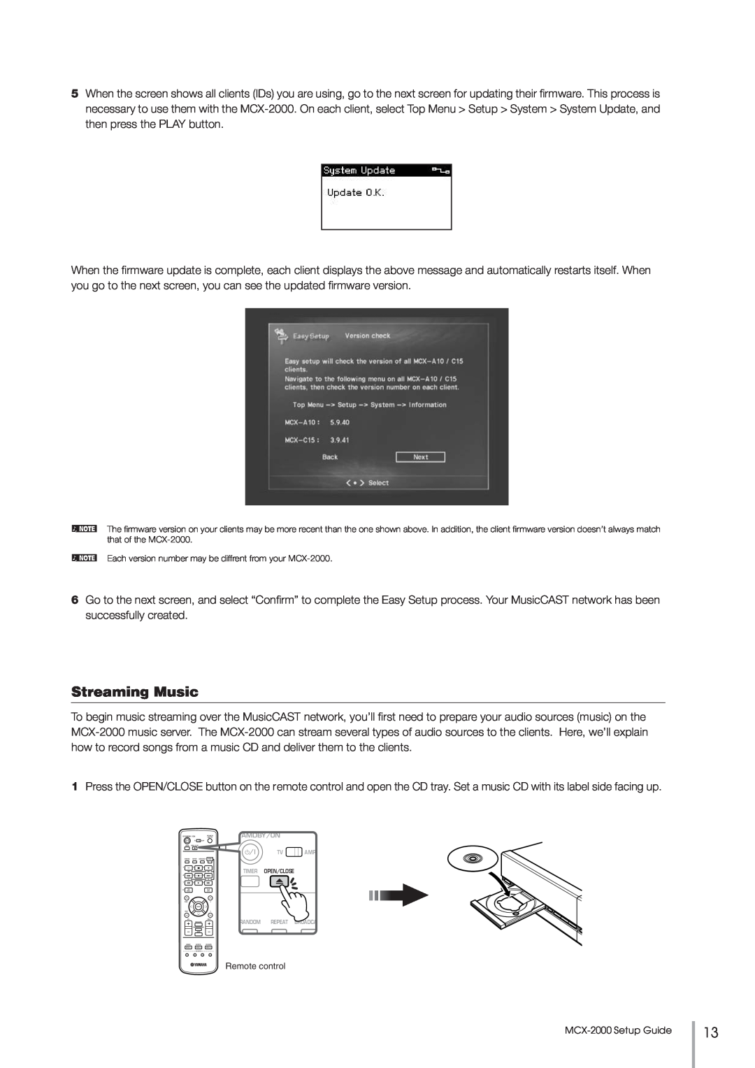 Yamaha MCX-2000 setup guide Streaming Music, Remote control 