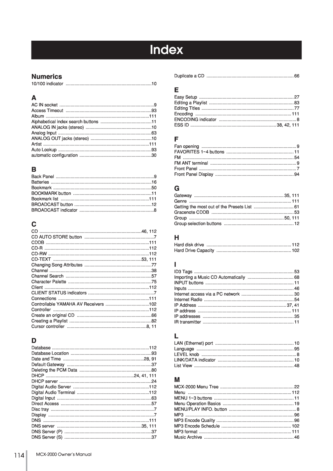 Yamaha MCX-2000 setup guide Index, Numerics 