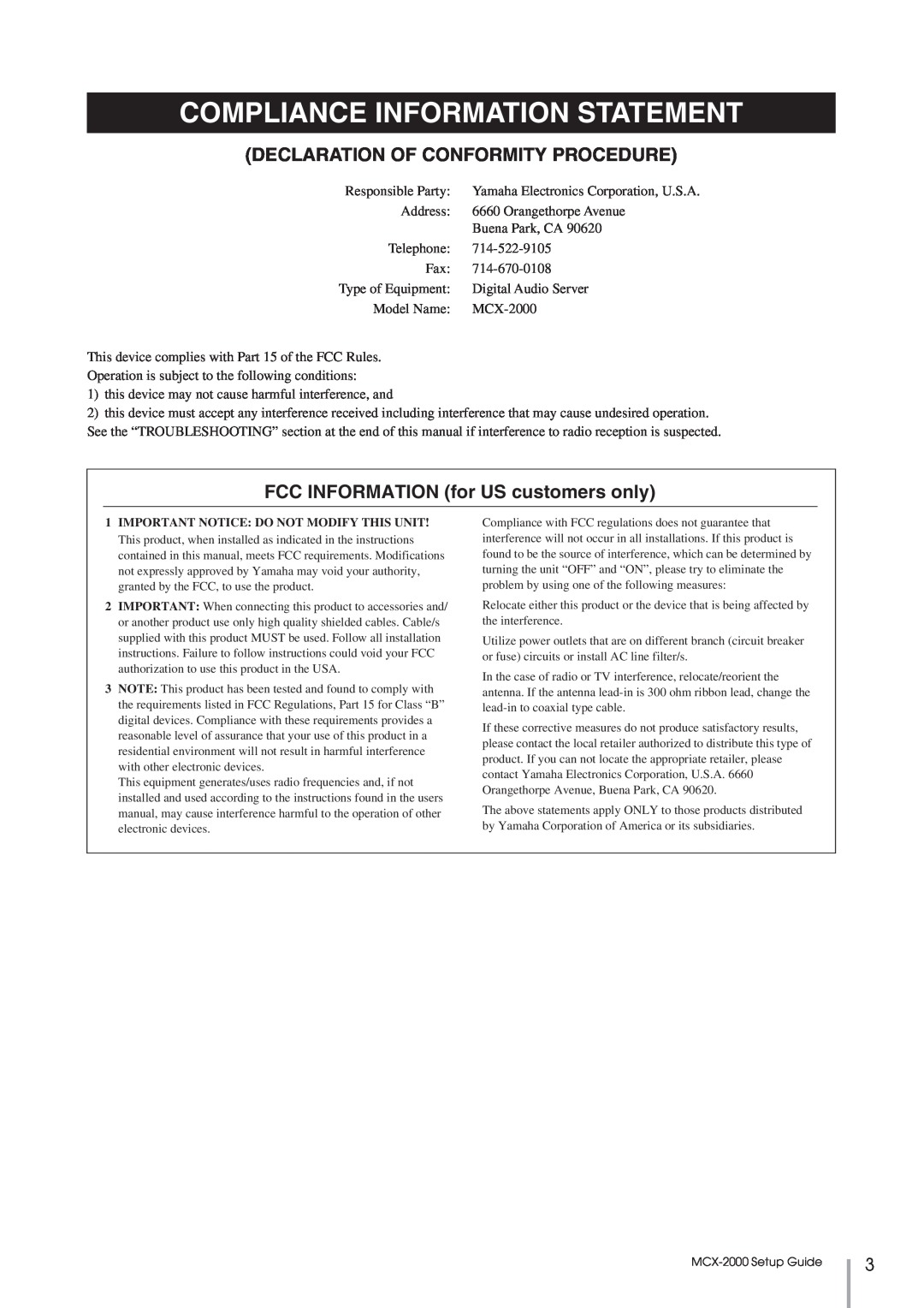 Yamaha MCX-2000 setup guide Compliance Information Statement, Declaration Of Conformity Procedure 