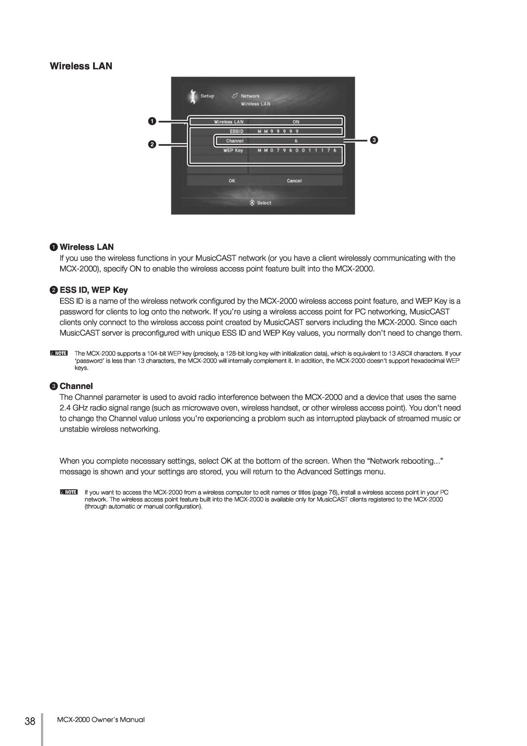 Yamaha MCX-2000 setup guide 1Wireless LAN, 2ESS ID, WEP Key, 3Channel 