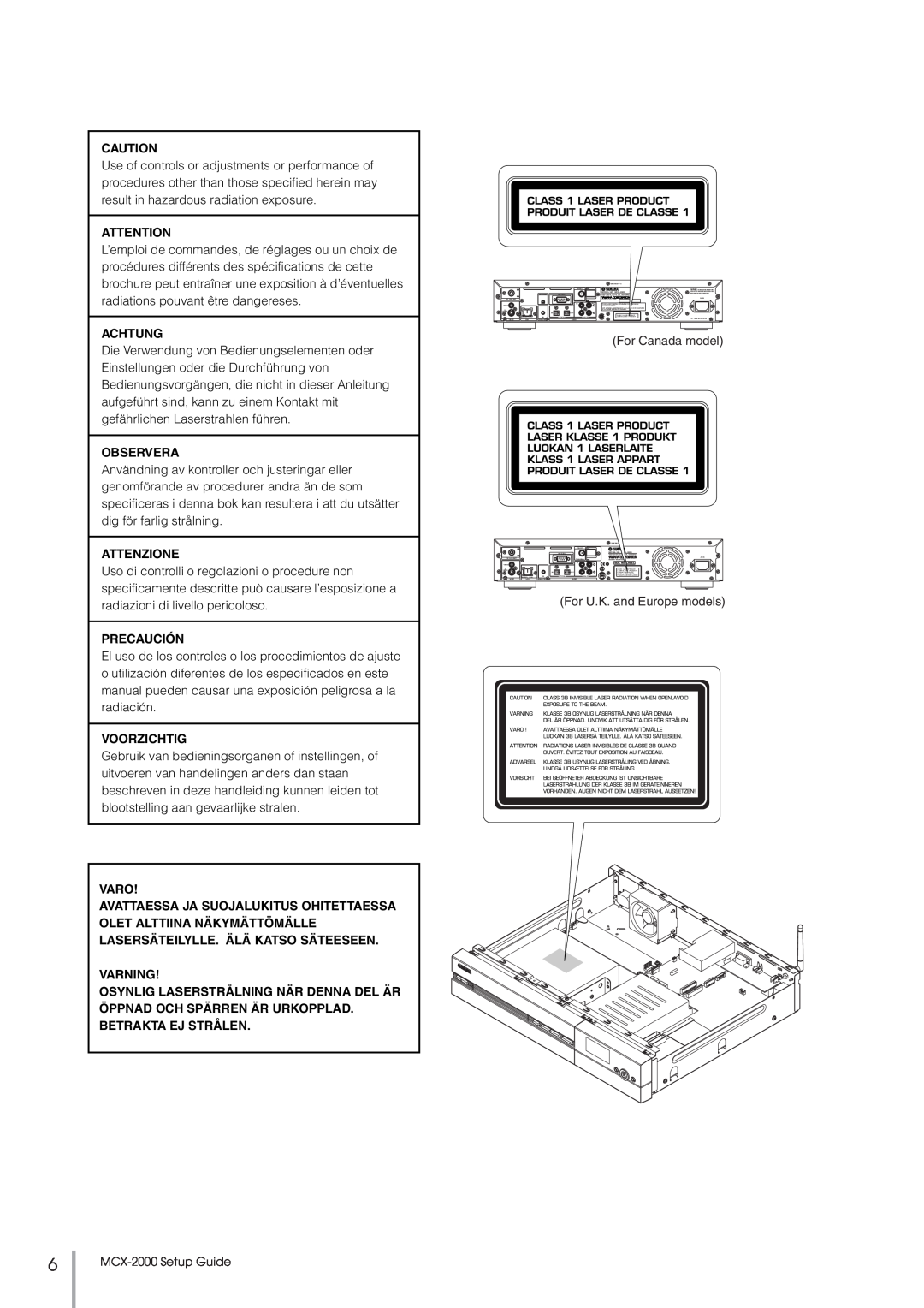 Yamaha MCX-2000 setup guide Achtung, Observera, Attenzione, Precaución, Voorzichtig, Varo, Varning 