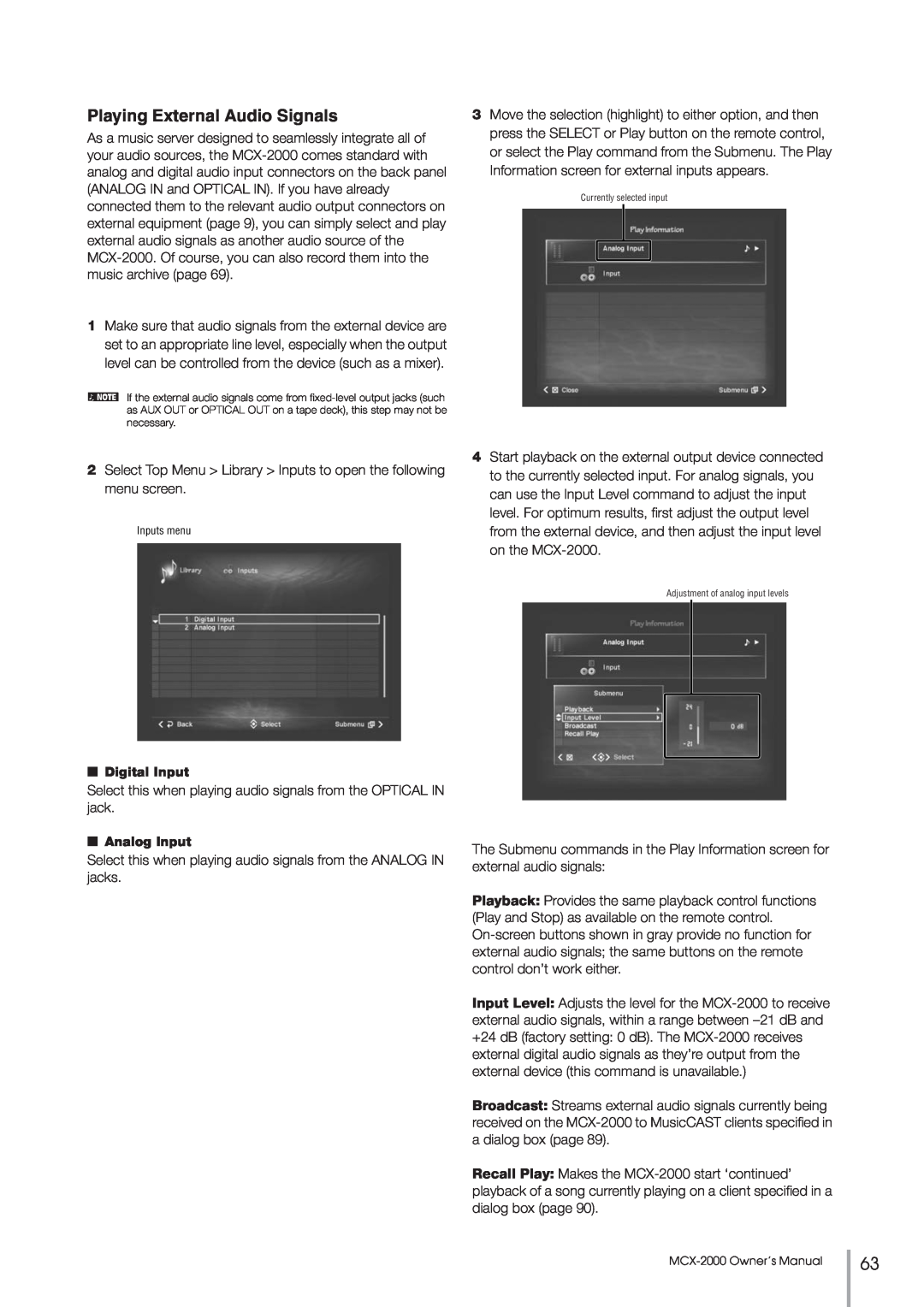 Yamaha MCX-2000 setup guide Playing External Audio Signals, Digital Input, Analog Input 