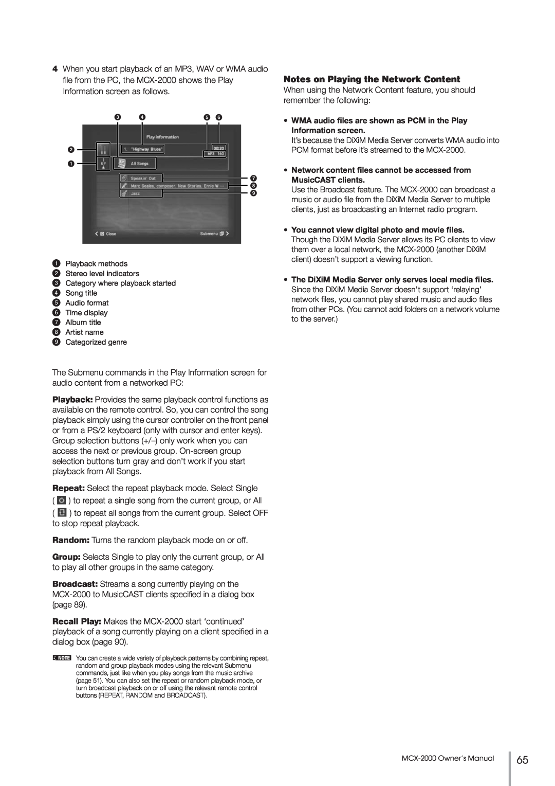 Yamaha MCX-2000 setup guide Notes on Playing the Network Content 