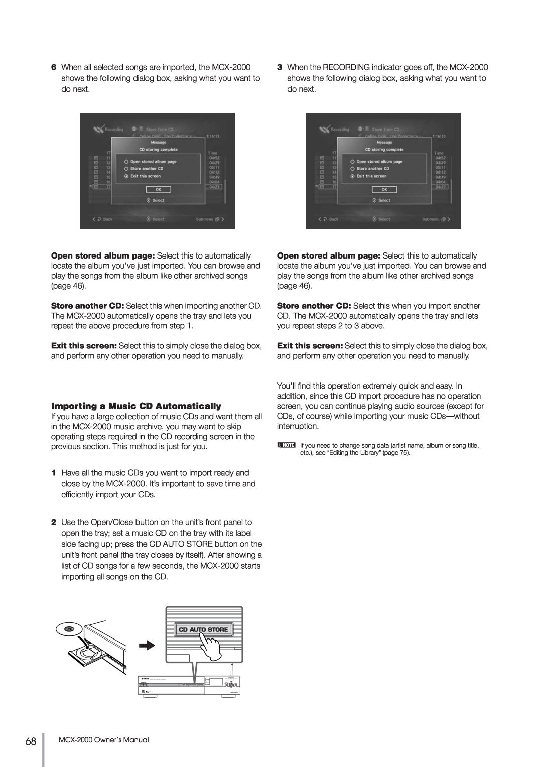 Yamaha MCX-2000 setup guide Importing a Music CD Automatically, Cd Auto Store 