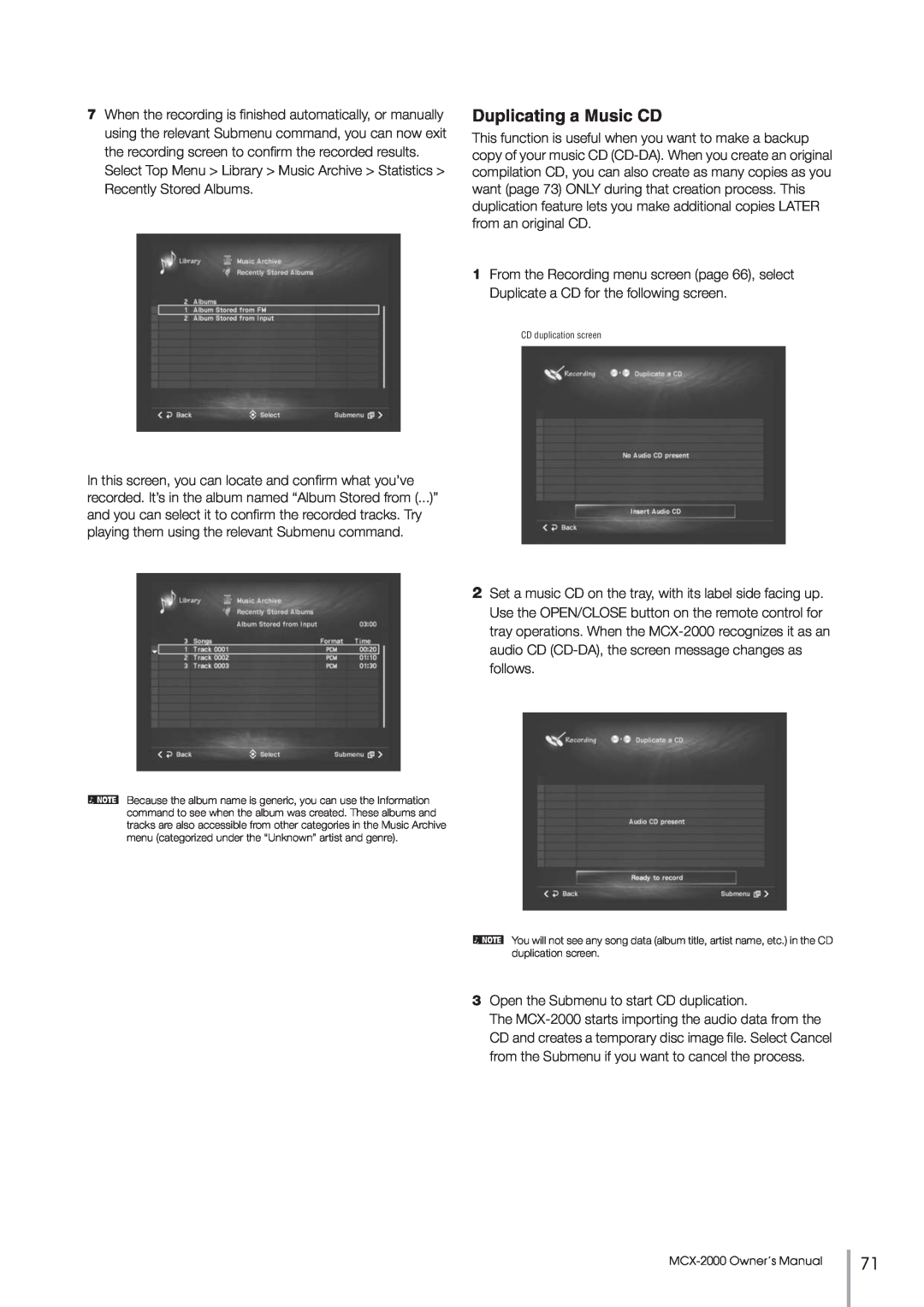 Yamaha MCX-2000 setup guide Duplicating a Music CD 
