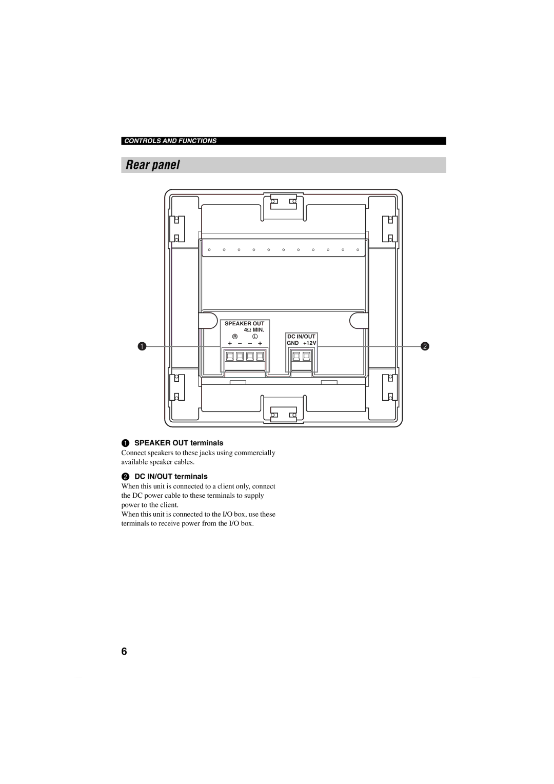 Yamaha MCX-CA15 owner manual Rear panel, Speaker OUT terminals, DC IN/OUT terminals 