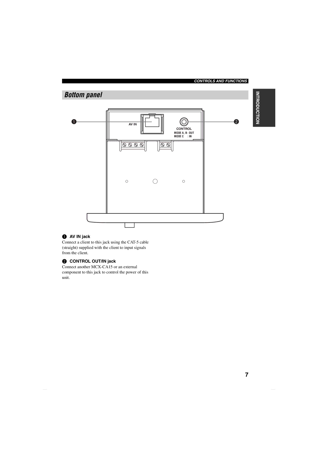 Yamaha MCX-CA15 owner manual Bottom panel, AV in jack, Control OUT/IN jack 