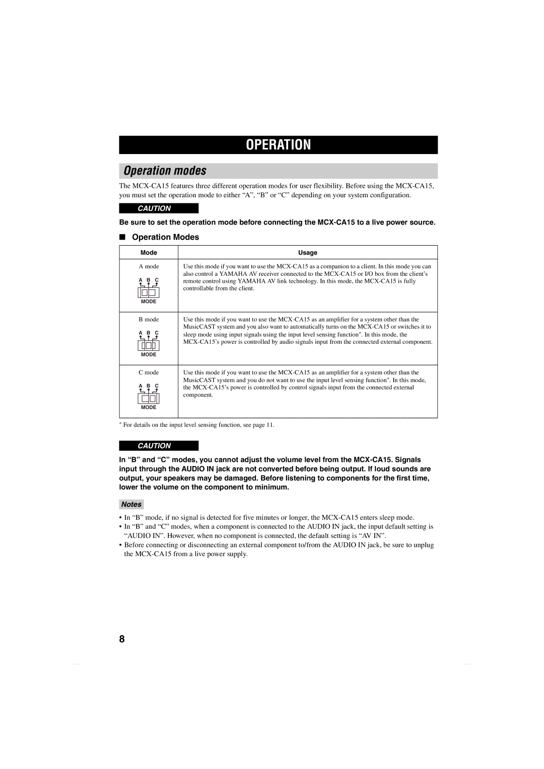 Yamaha MCX-CA15 owner manual Operation modes 