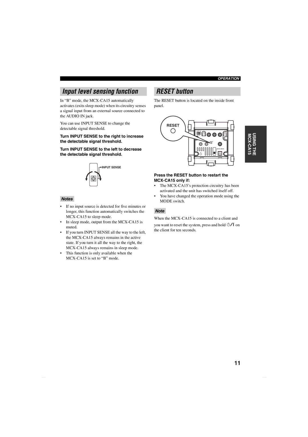 Yamaha owner manual Input level sensing function, Press the Reset button to restart the MCX-CA15 only if 