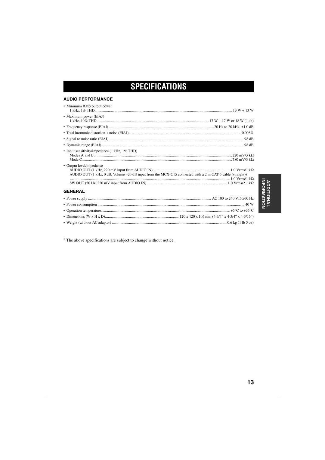 Yamaha MCX-CA15 owner manual Specifications, Audio Performance 