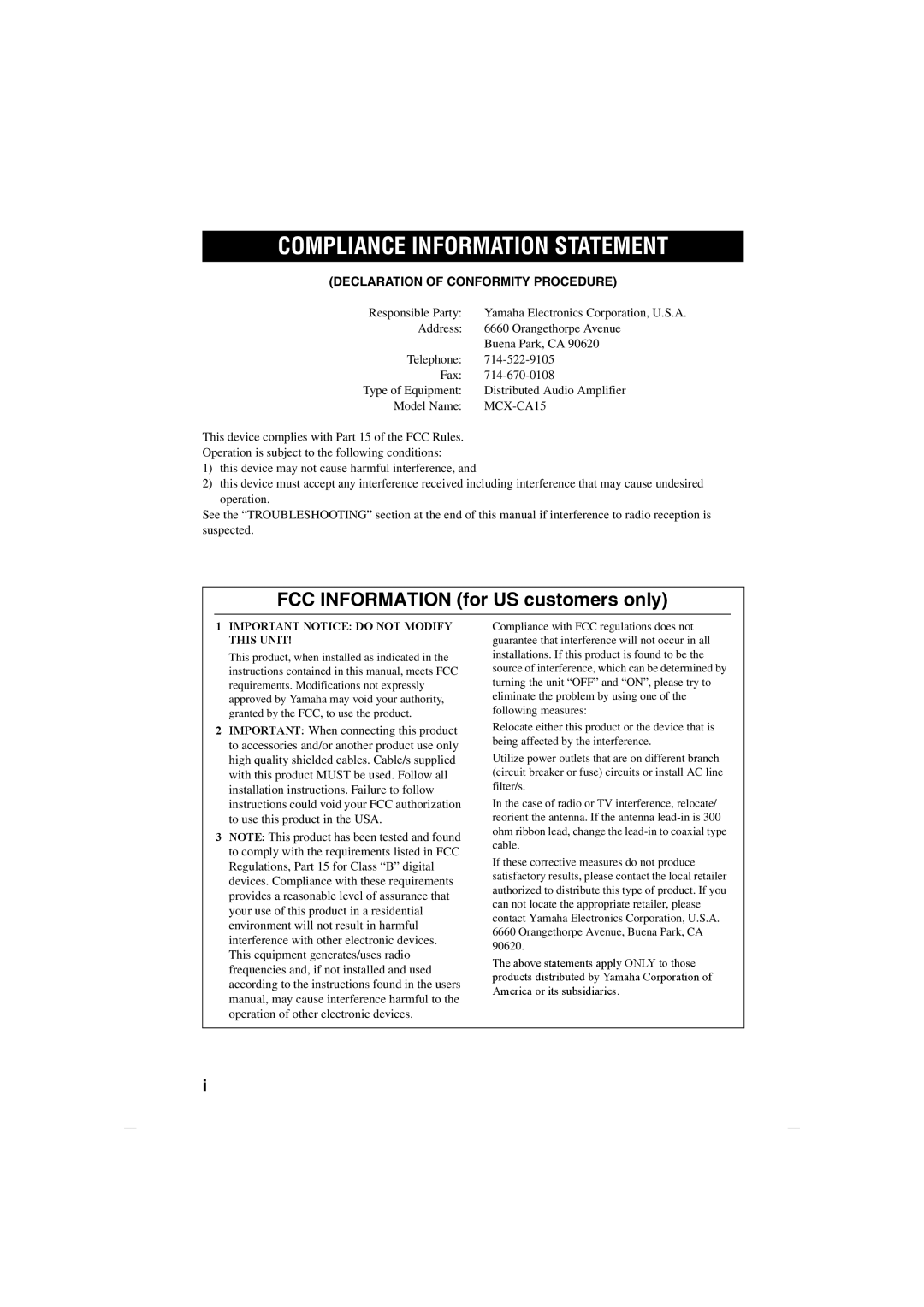 Yamaha MCX-CA15 owner manual Compliance Information Statement, Declaration of Conformity Procedure 