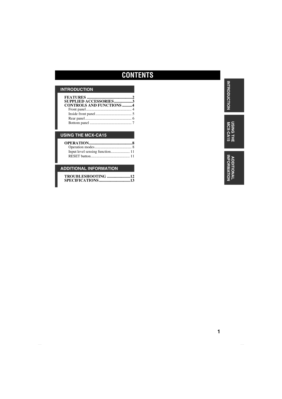 Yamaha MCX-CA15 owner manual Contents 