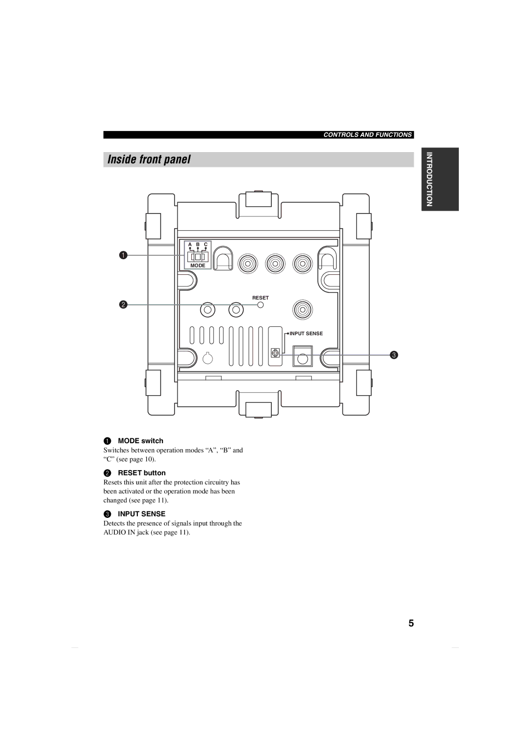 Yamaha MCX-CA15 owner manual Inside front panel, Mode switch, Reset button 