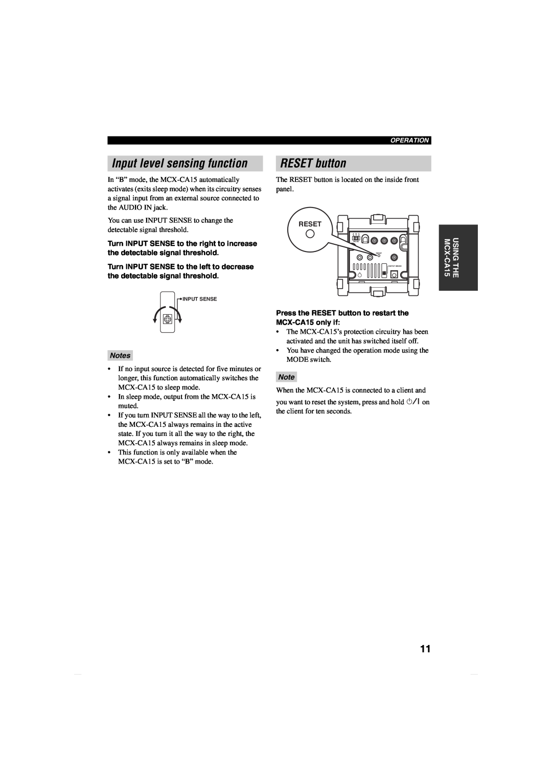 Yamaha owner manual Input level sensing function, RESET button, USING THE MCX-CA15 