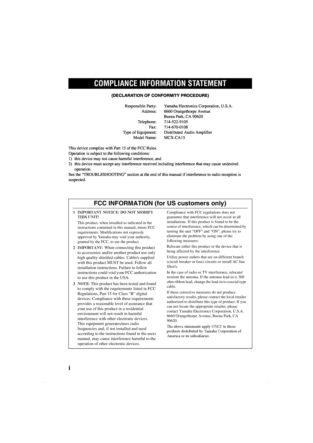 Yamaha MCX-CA15 owner manual Compliance Information Statement, FCC INFORMATION for US customers only 