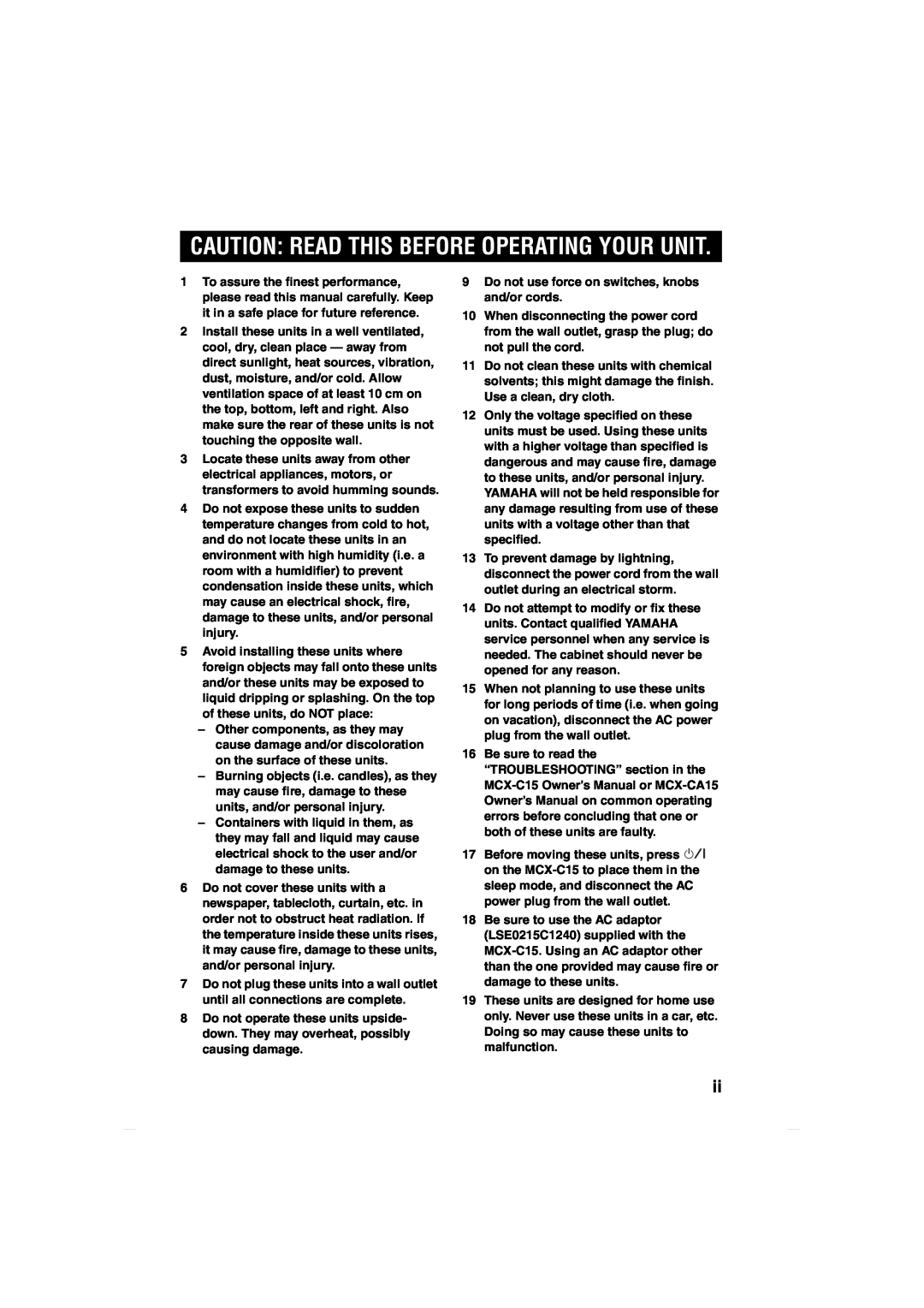 Yamaha MCX-CA15 owner manual Caution Read This Before Operating Your Unit 