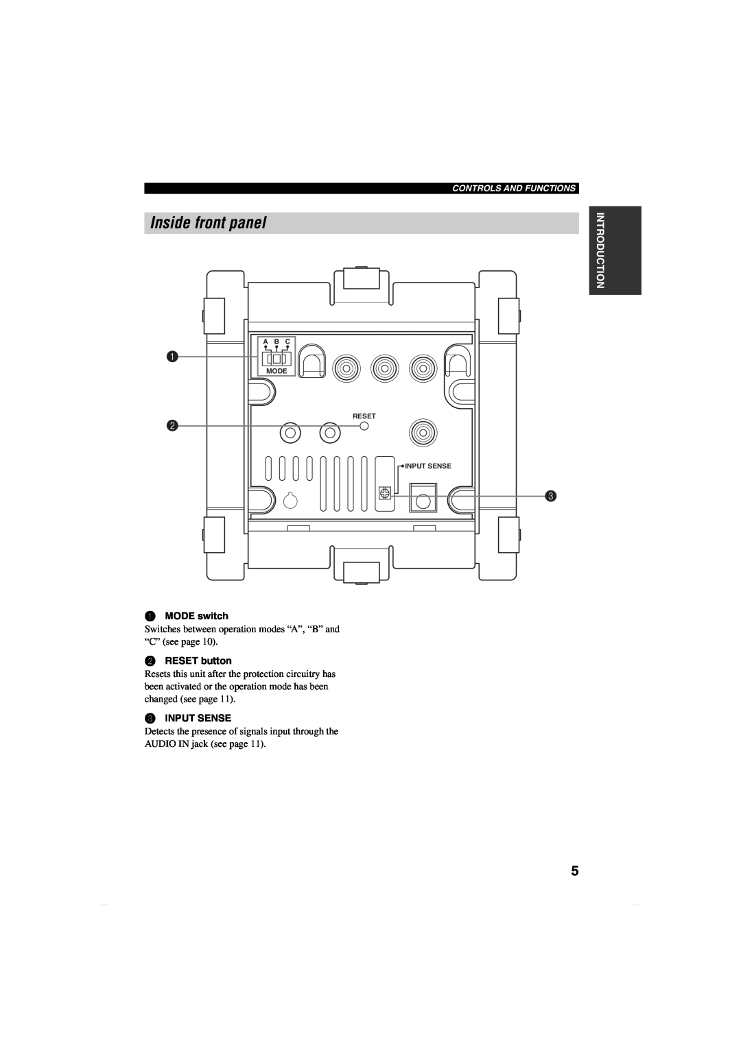 Yamaha MCX-CA15 owner manual Inside front panel, Introduction, Controls And Functions, A B C, Mode Reset, Input Sense 