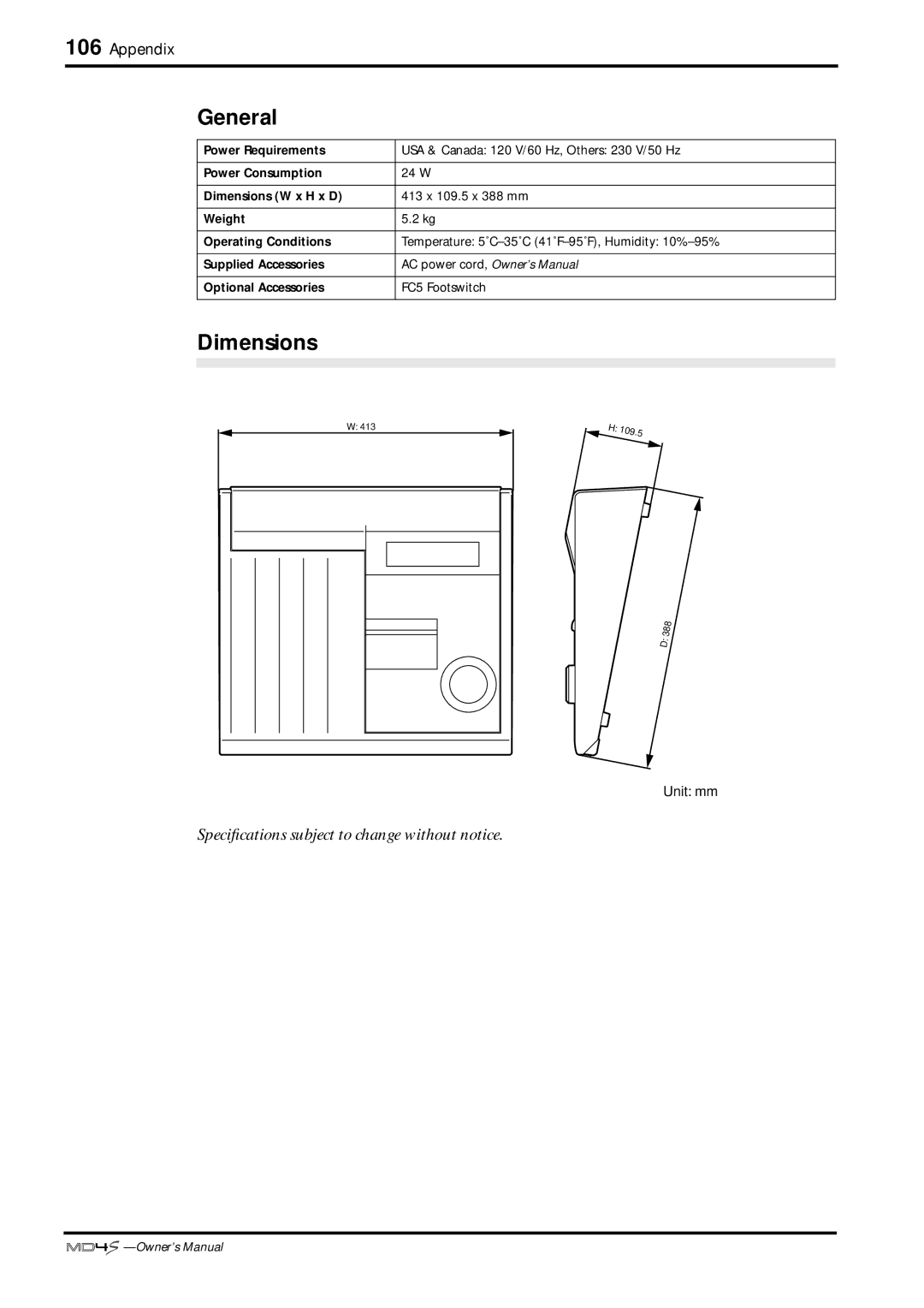 Yamaha MD4S owner manual General, Dimensions 