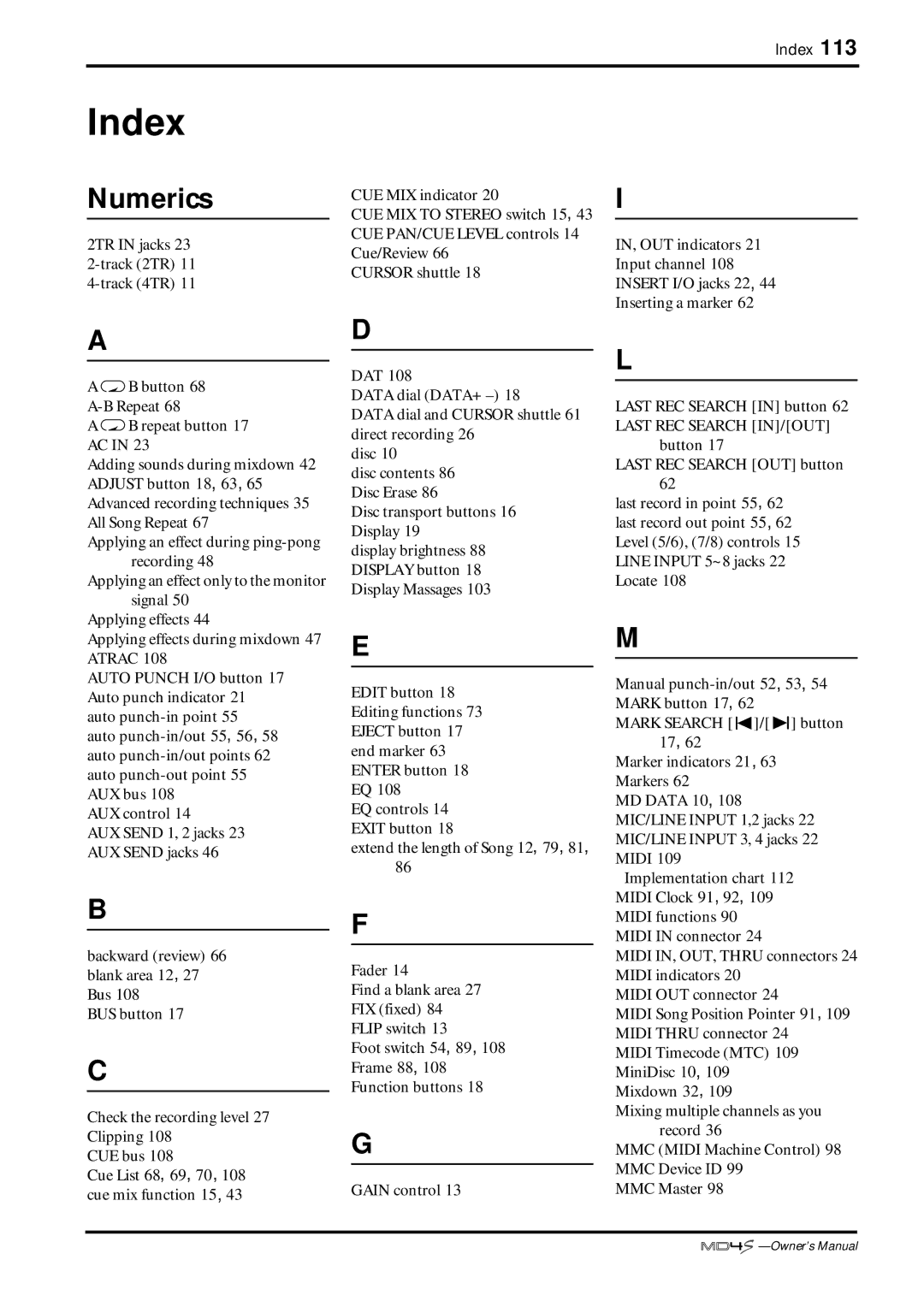 Yamaha MD4S owner manual Index, Numerics 