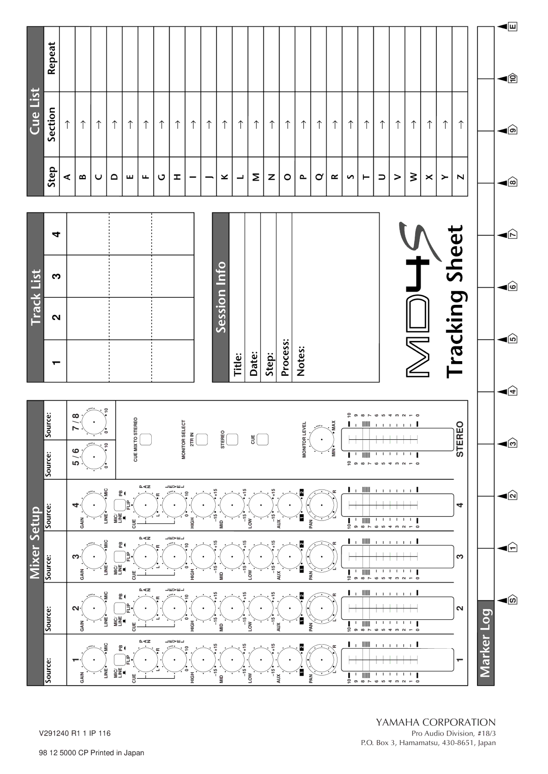 Yamaha MD4S owner manual Tracking Sheet 