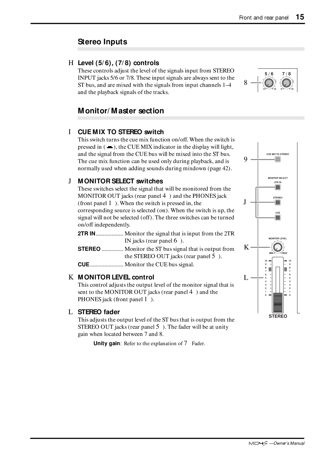 Yamaha MD4S owner manual Stereo Inputs, Monitor/Master section 