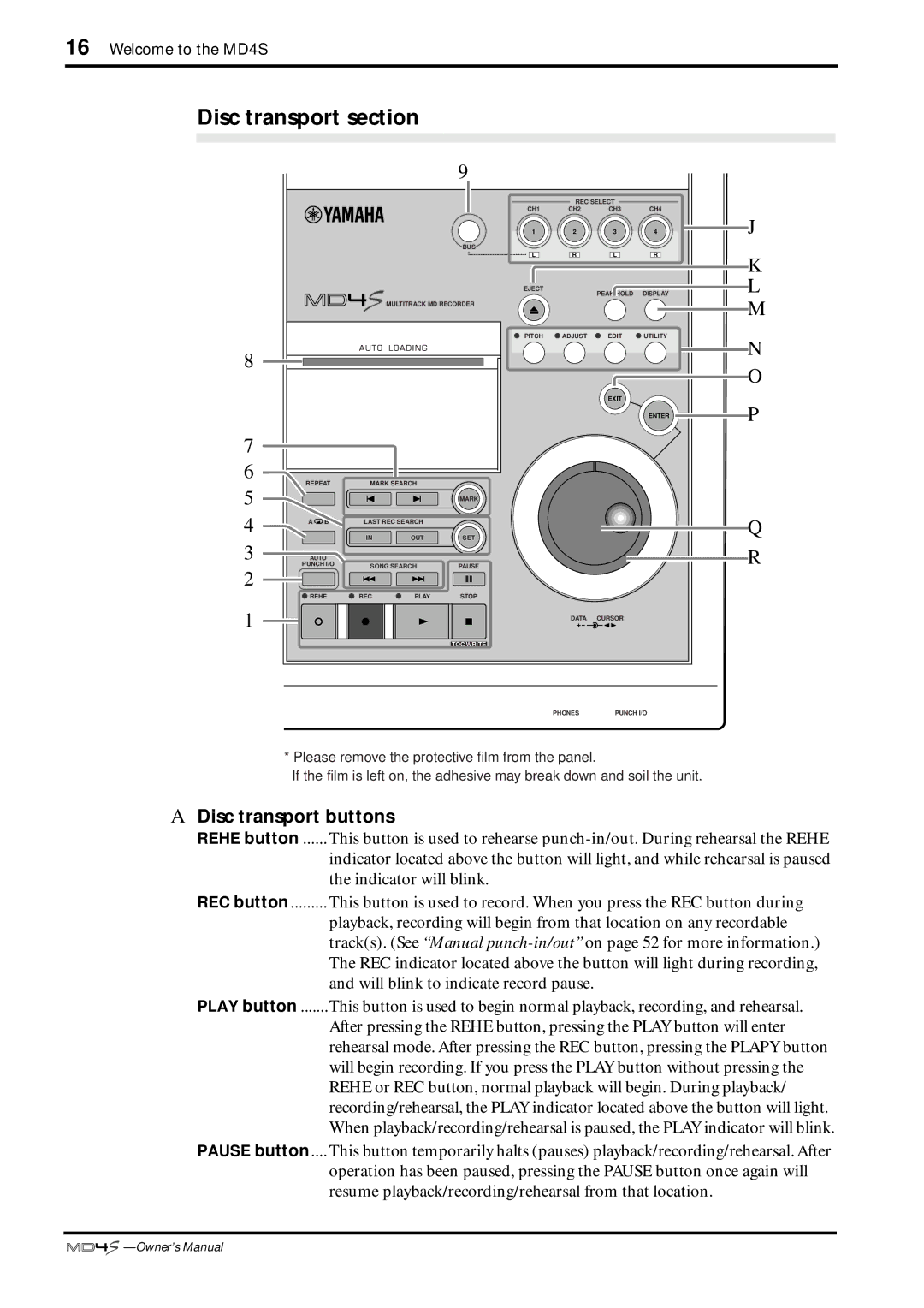 Yamaha MD4S owner manual Disc transport section, Disc transport buttons 