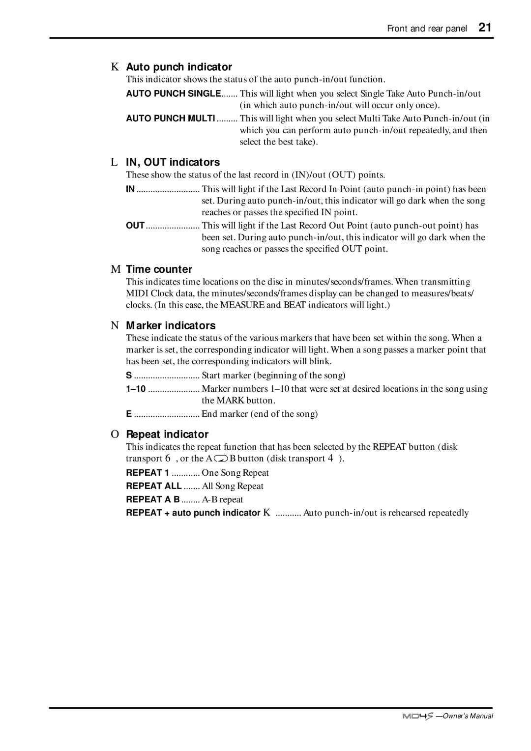 Yamaha MD4S owner manual Auto punch indicator, IN, OUT indicators, Time counter, Marker indicators, Repeat indicator 