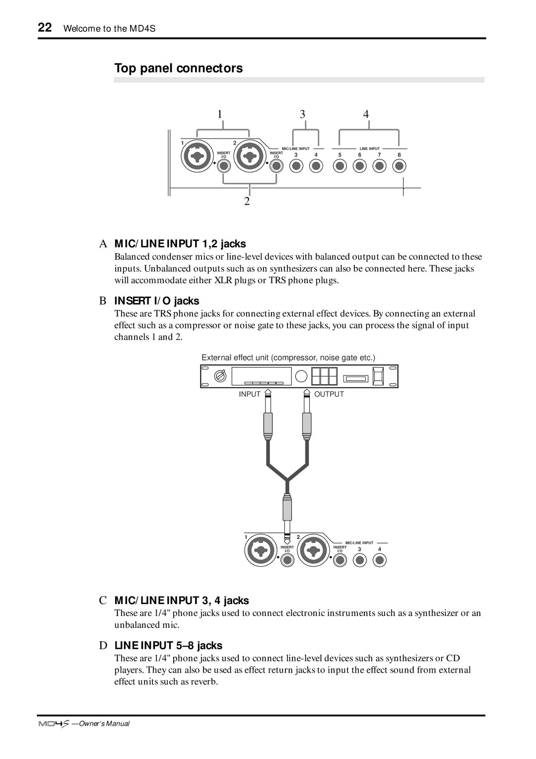 Yamaha MD4S owner manual Top panel connectors, MIC/LINE Input 1,2 jacks, Insert I/O jacks, MIC/LINE Input 3, 4 jacks 