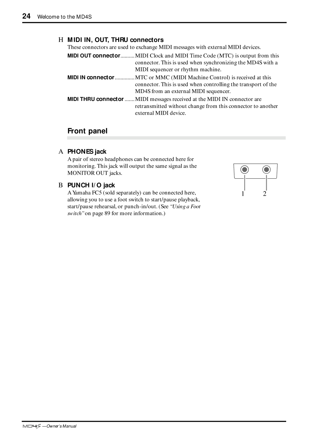 Yamaha MD4S owner manual Front panel, Midi IN, OUT, Thru connectors, Phones jack, Punch I/O jack 