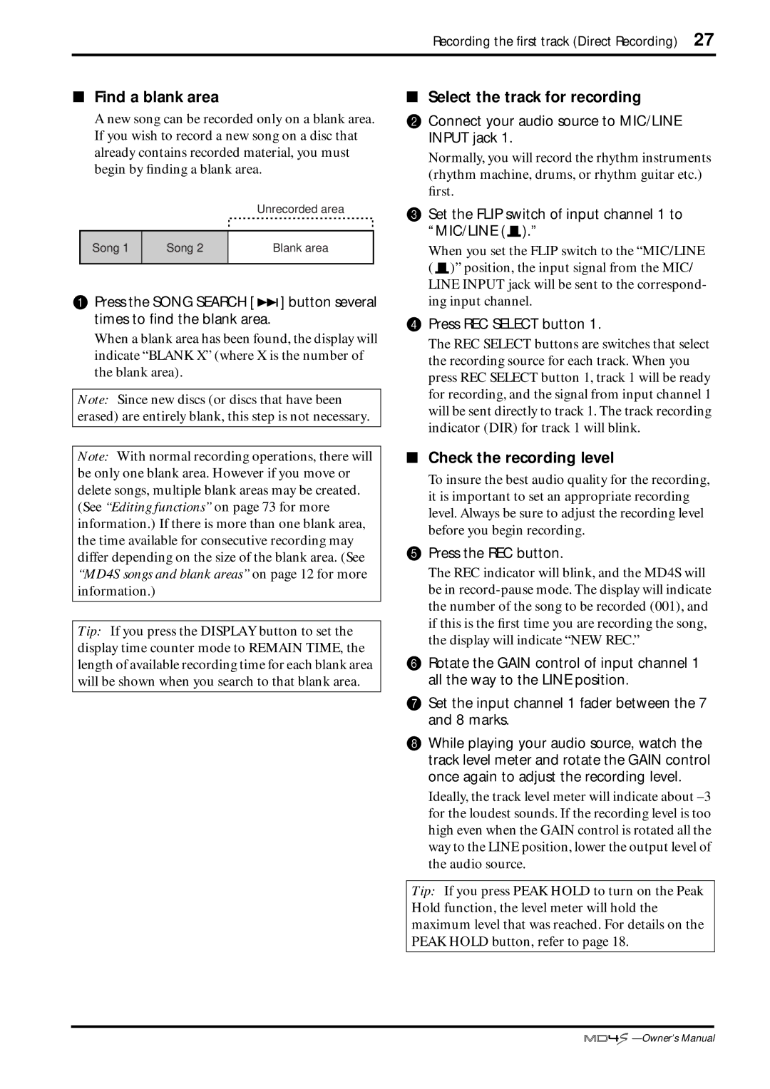 Yamaha MD4S owner manual Find a blank area, Select the track for recording, Check the recording level 