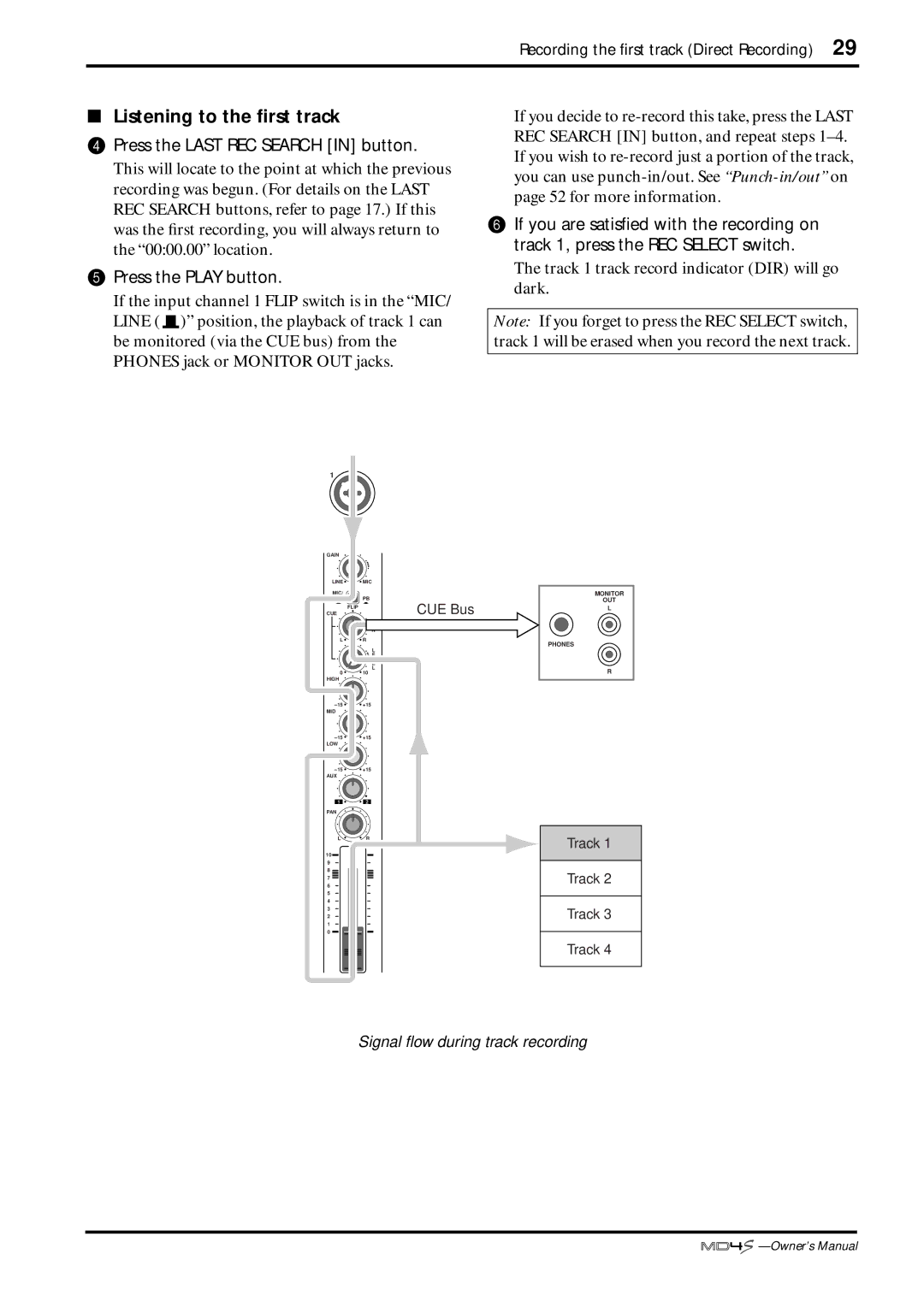 Yamaha MD4S owner manual Listening to the ﬁrst track, Press the Last REC Search in button 