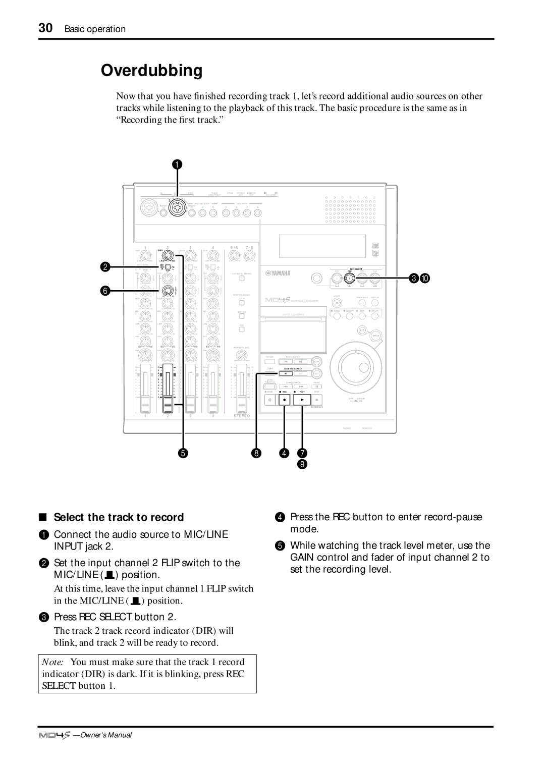 Yamaha MD4S owner manual Overdubbing, Select the track to record 