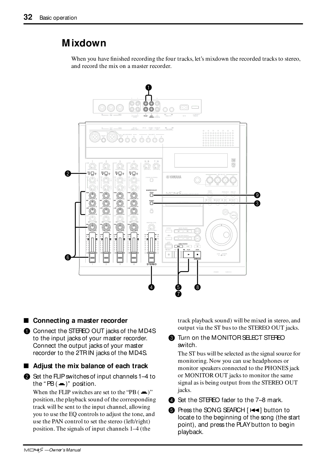 Yamaha MD4S owner manual Mixdown, Connecting a master recorder, Adjust the mix balance of each track 