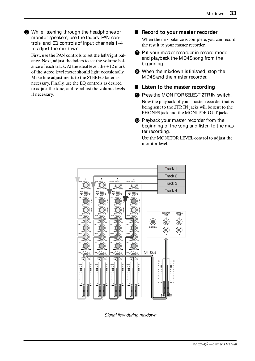 Yamaha MD4S Record to your master recorder, Listen to the master recording, Press the Monitor Select 2TR in switch 