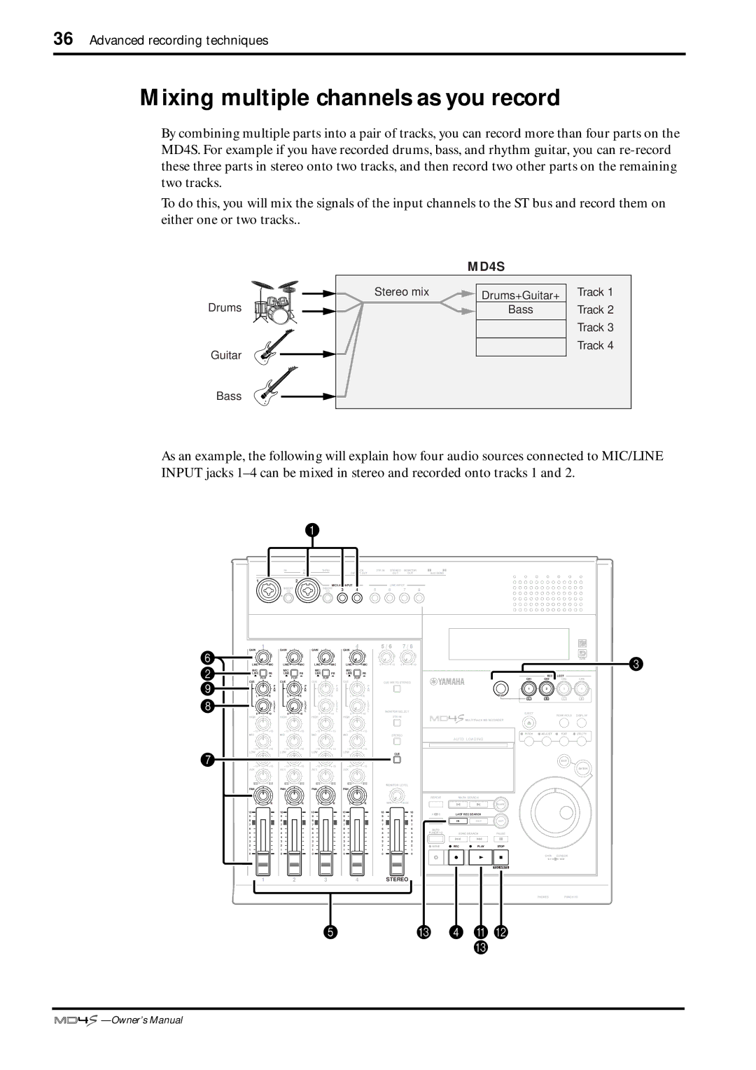 Yamaha MD4S owner manual Mixing multiple channels as you record, a B C 