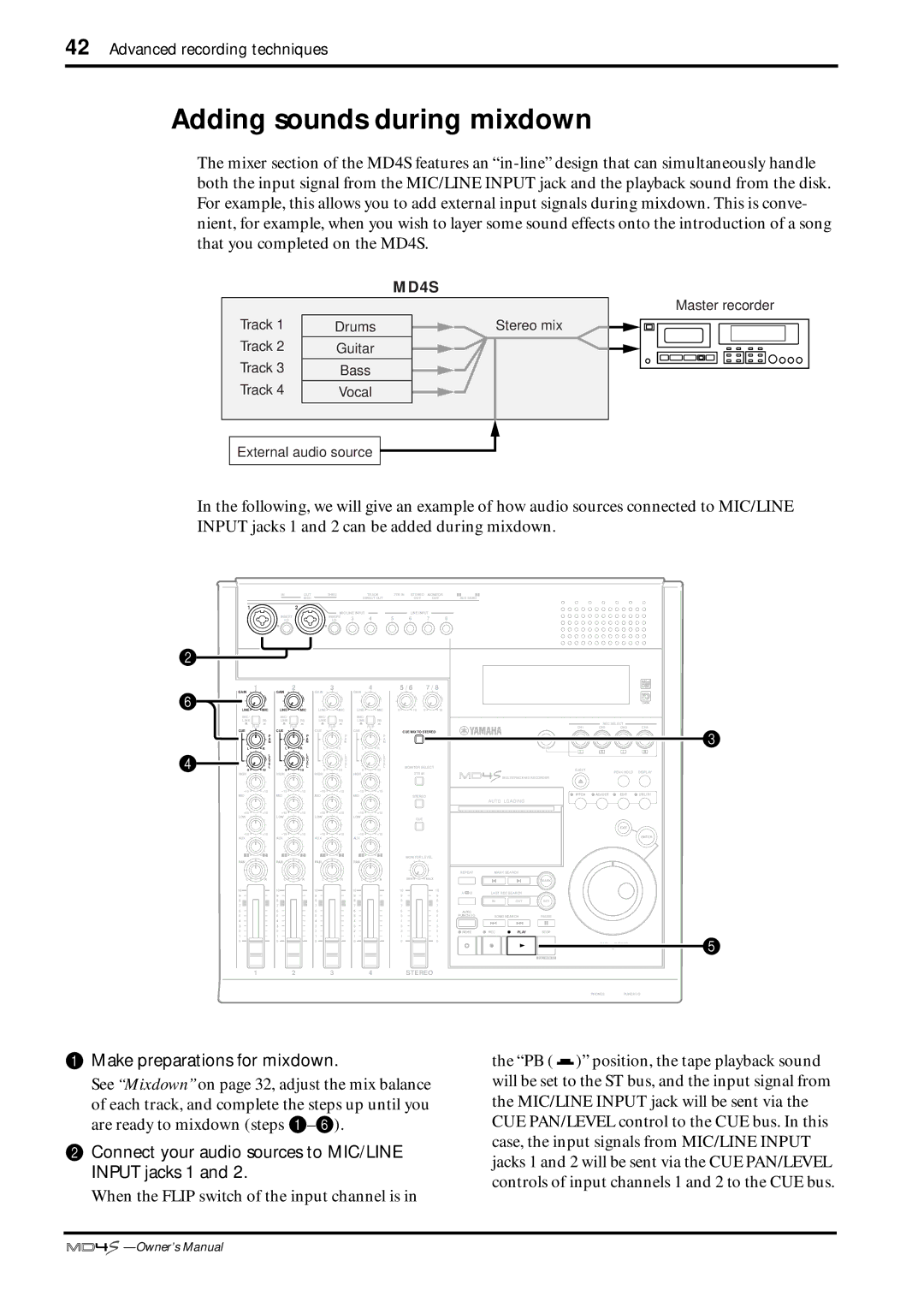 Yamaha MD4S owner manual Adding sounds during mixdown, Make preparations for mixdown 