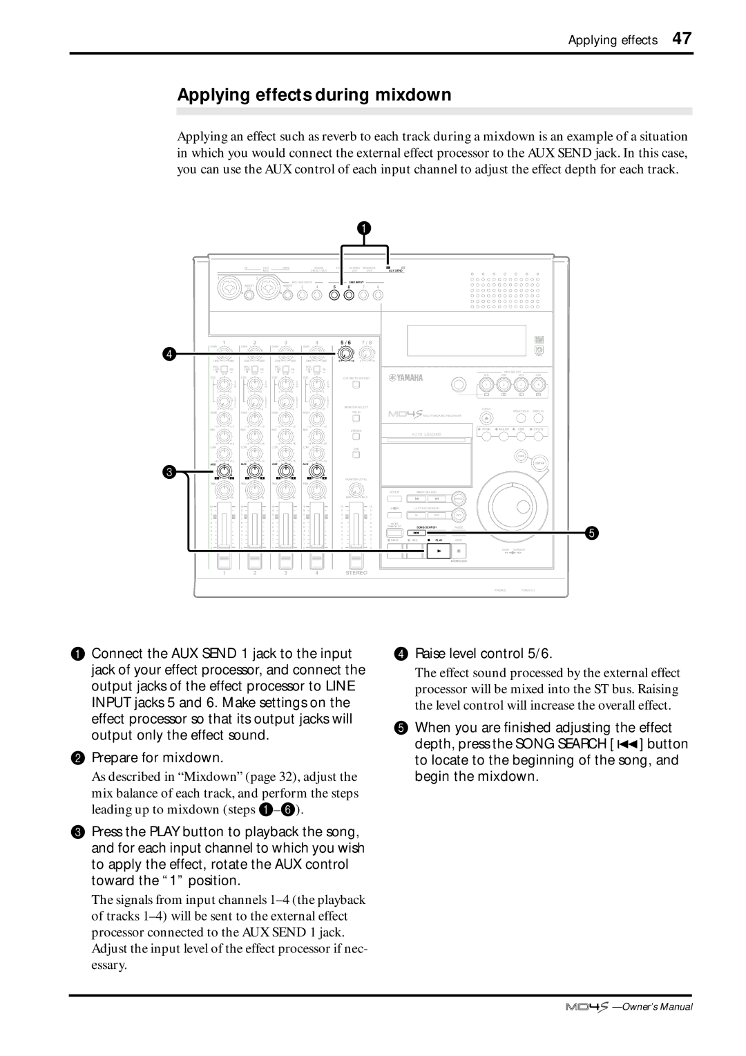 Yamaha MD4S owner manual Applying effects during mixdown, Raise level control 5/6 