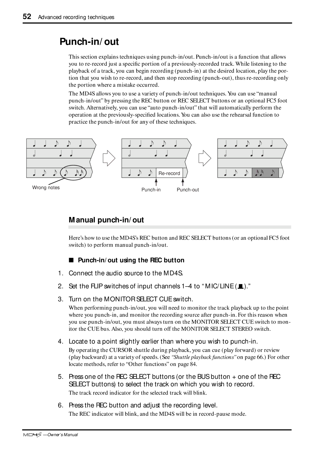 Yamaha MD4S owner manual Manual punch-in/out, E e x, Punch-in/out using the REC button 