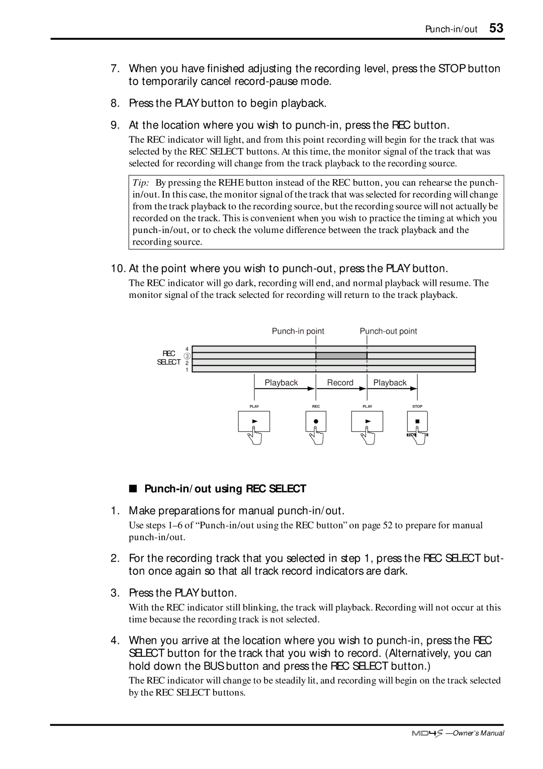 Yamaha MD4S owner manual Punch-in/out using REC Select, Make preparations for manual punch-in/out 