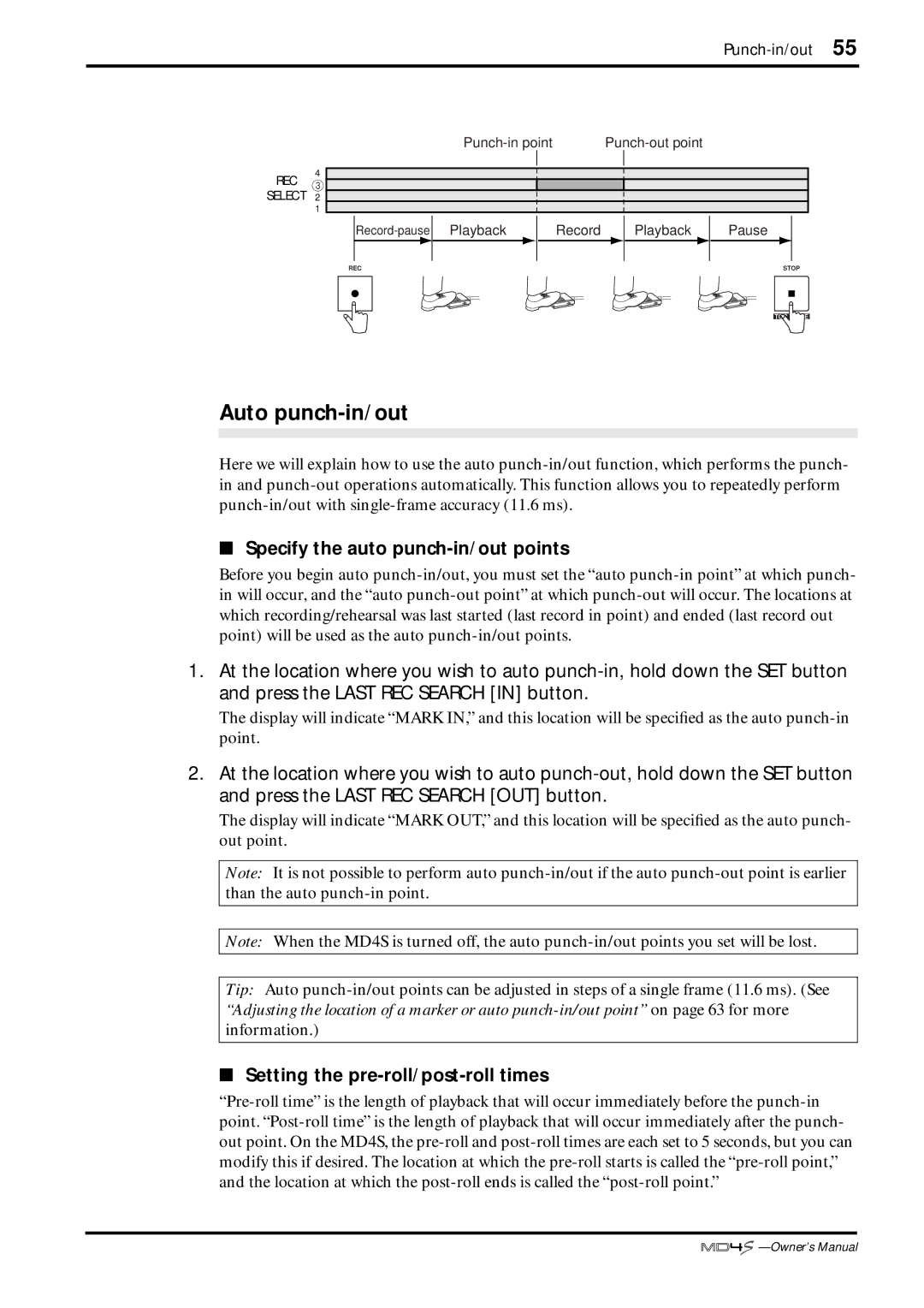 Yamaha MD4S owner manual Auto punch-in/out, Specify the auto punch-in/out points, Setting the pre-roll/post-roll times 