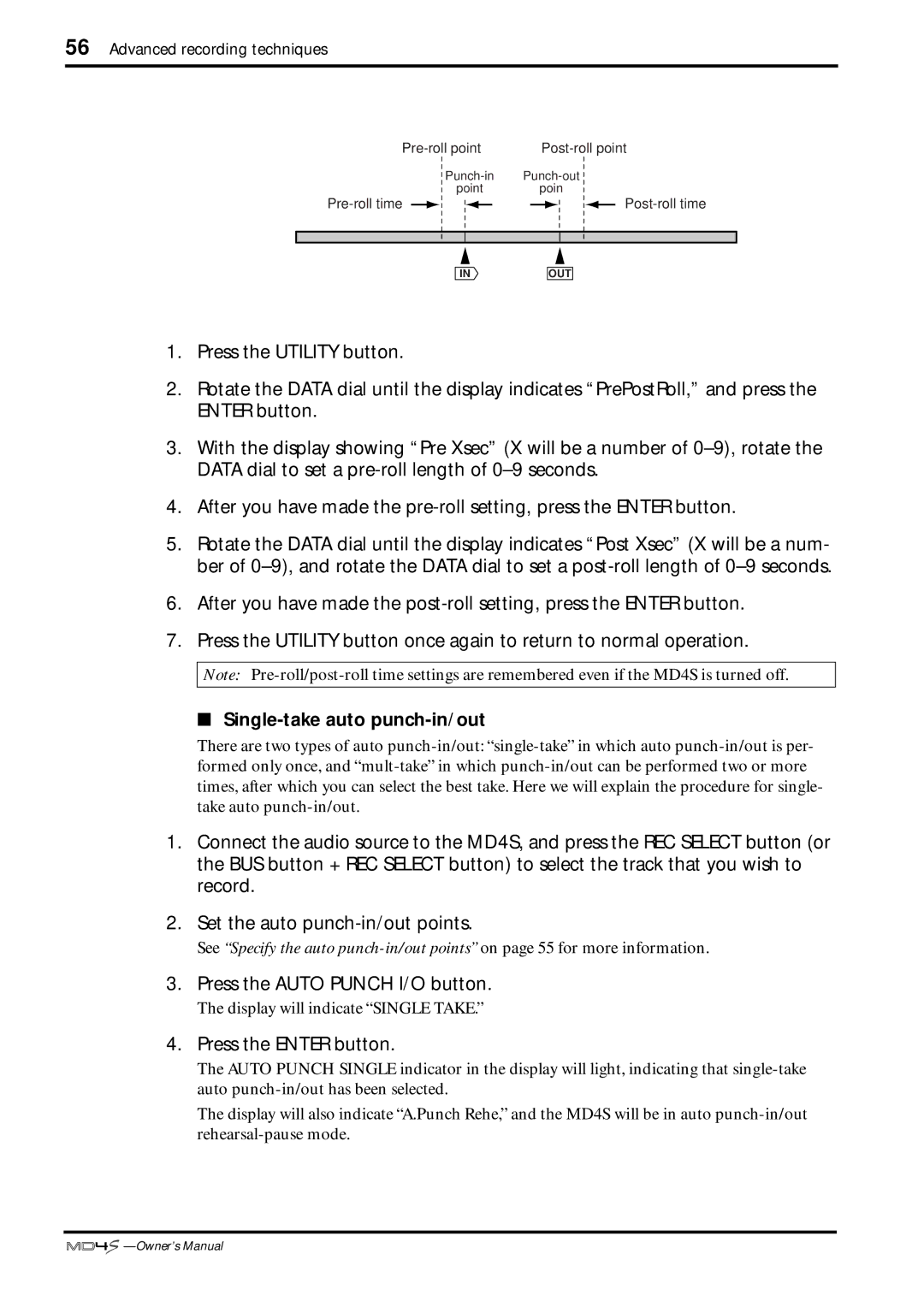 Yamaha MD4S owner manual Single-take auto punch-in/out, Press the Auto Punch I/O button, Press the Enter button 