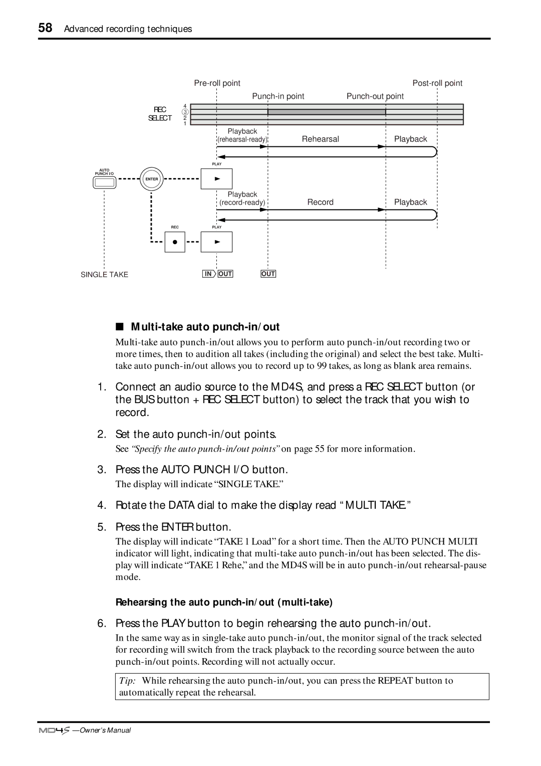 Yamaha MD4S owner manual Multi-take auto punch-in/out 