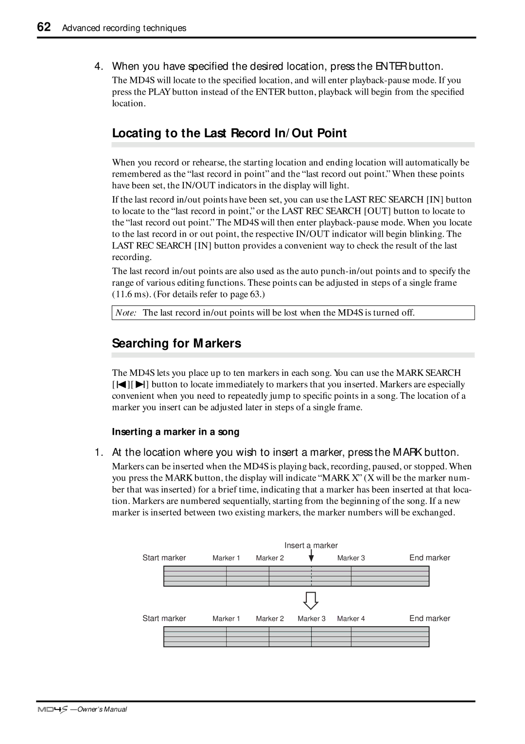 Yamaha MD4S owner manual Locating to the Last Record In/Out Point, Searching for Markers 