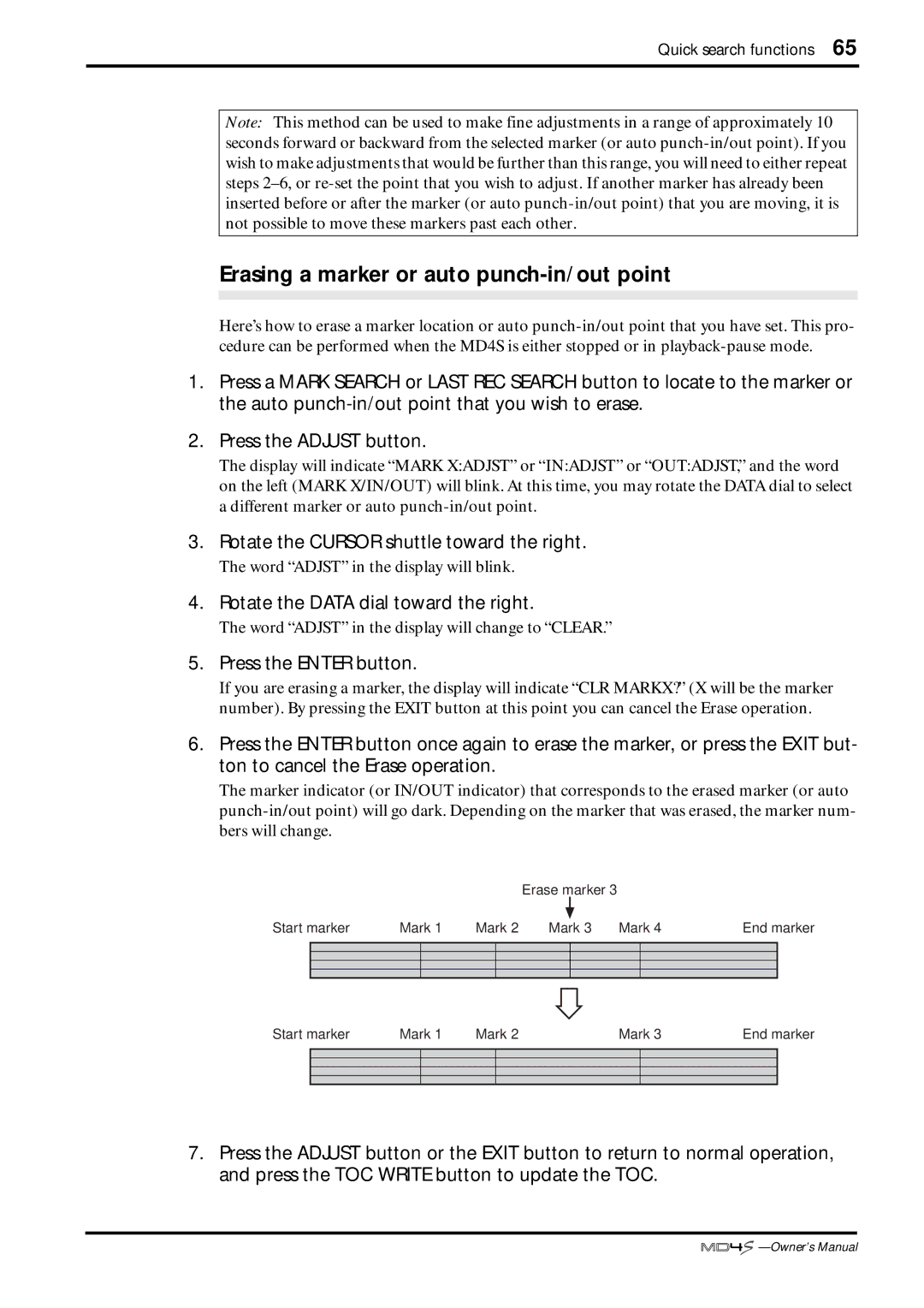 Yamaha MD4S owner manual Erasing a marker or auto punch-in/out point, Rotate the Cursor shuttle toward the right 