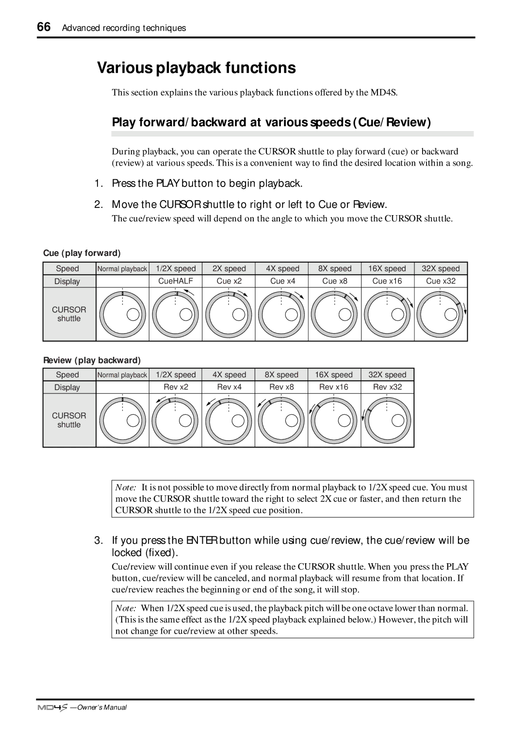 Yamaha MD4S owner manual Various playback functions, Play forward/backward at various speeds Cue/Review 