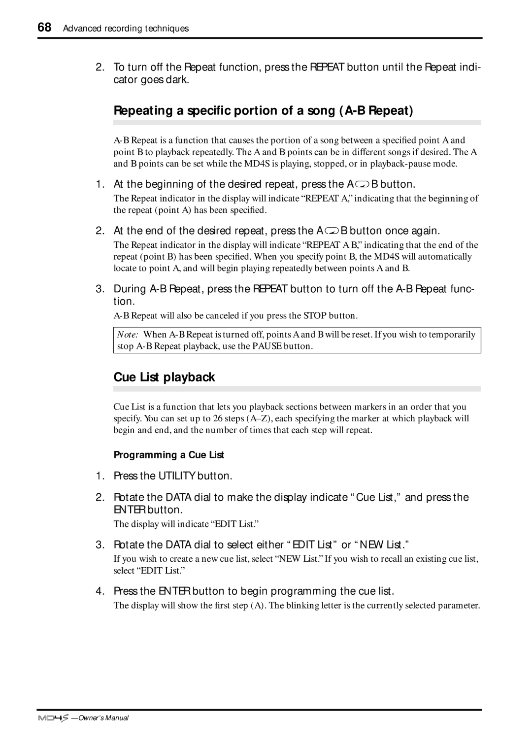 Yamaha MD4S owner manual Repeating a speciﬁc portion of a song A-B Repeat, Cue List playback 