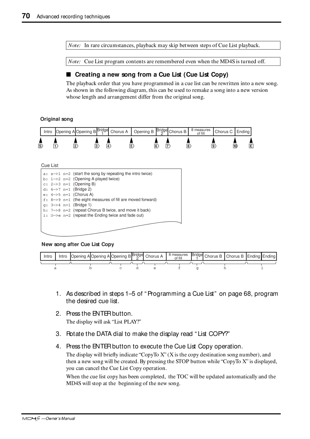 Yamaha MD4S owner manual Creating a new song from a Cue List Cue List Copy, Original song 