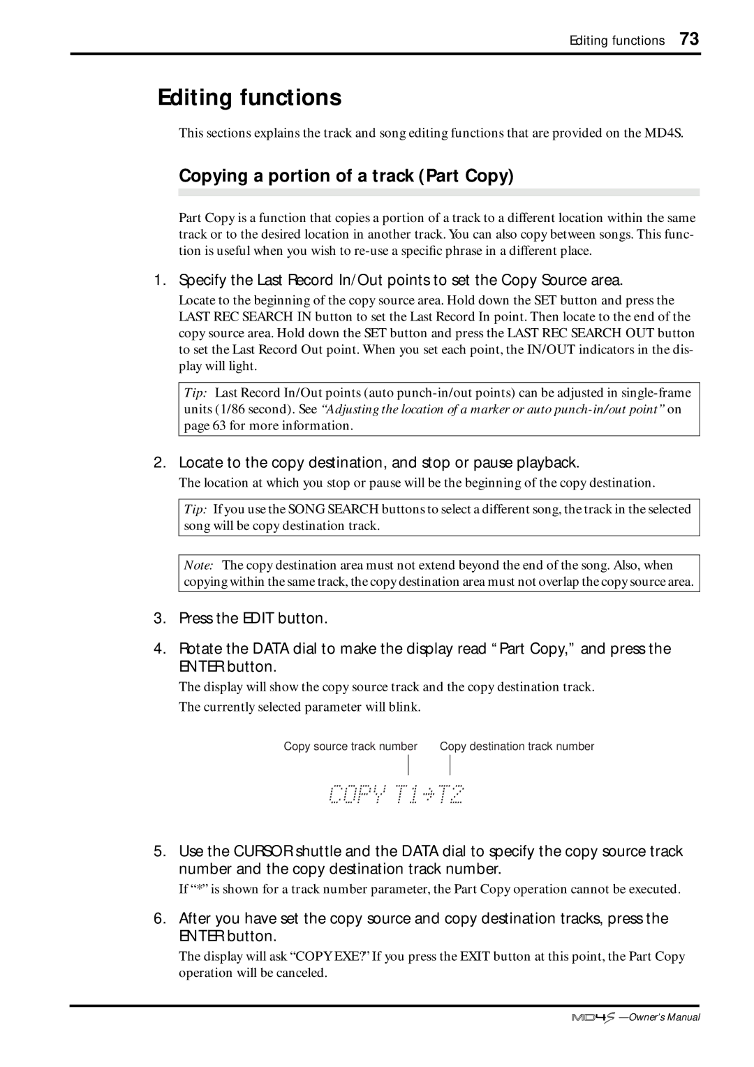 Yamaha MD4S owner manual Editing functions, Copying a portion of a track Part Copy 